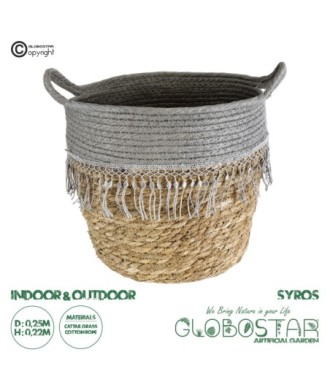 GloboStar® Artificial Garden SYROS 20282 Διακοσμητικό Πλεκτό Καλάθι - Κασπώ Γλάστρα - Flower Pot Μπεζ με Γκρι Φ25 x Υ22cm